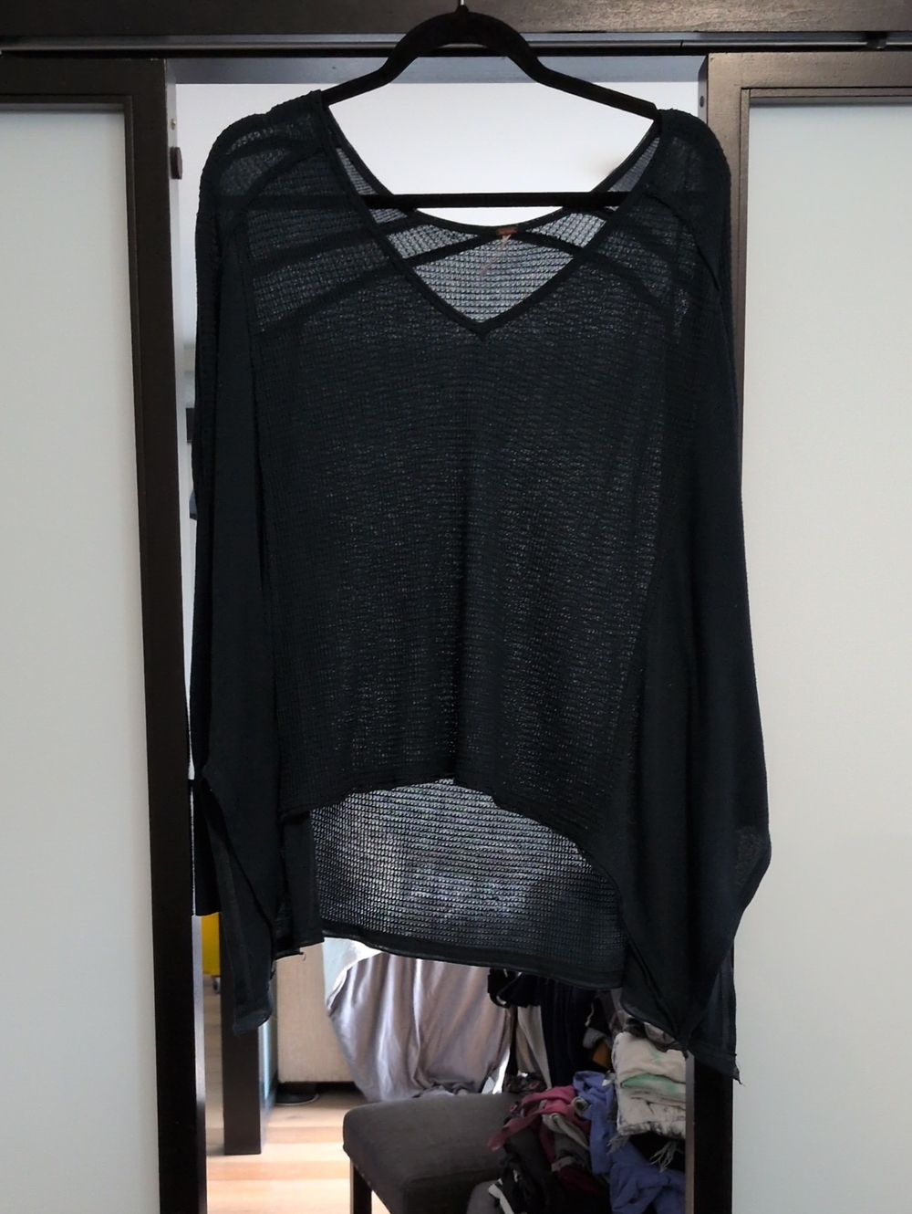 Free People Teal Sheer Open-Knit V-Neck Pullover